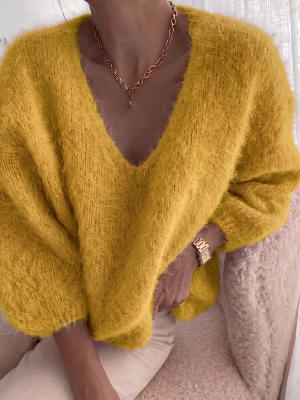 Yellow Fuzzy Fluffy V-Neck Pullover Knit Sweater Long Sleeve